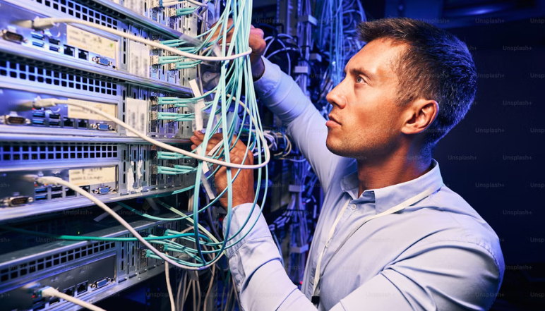 Onsite IT engineer working on a laptop beside networking equipment in a professional office environment.